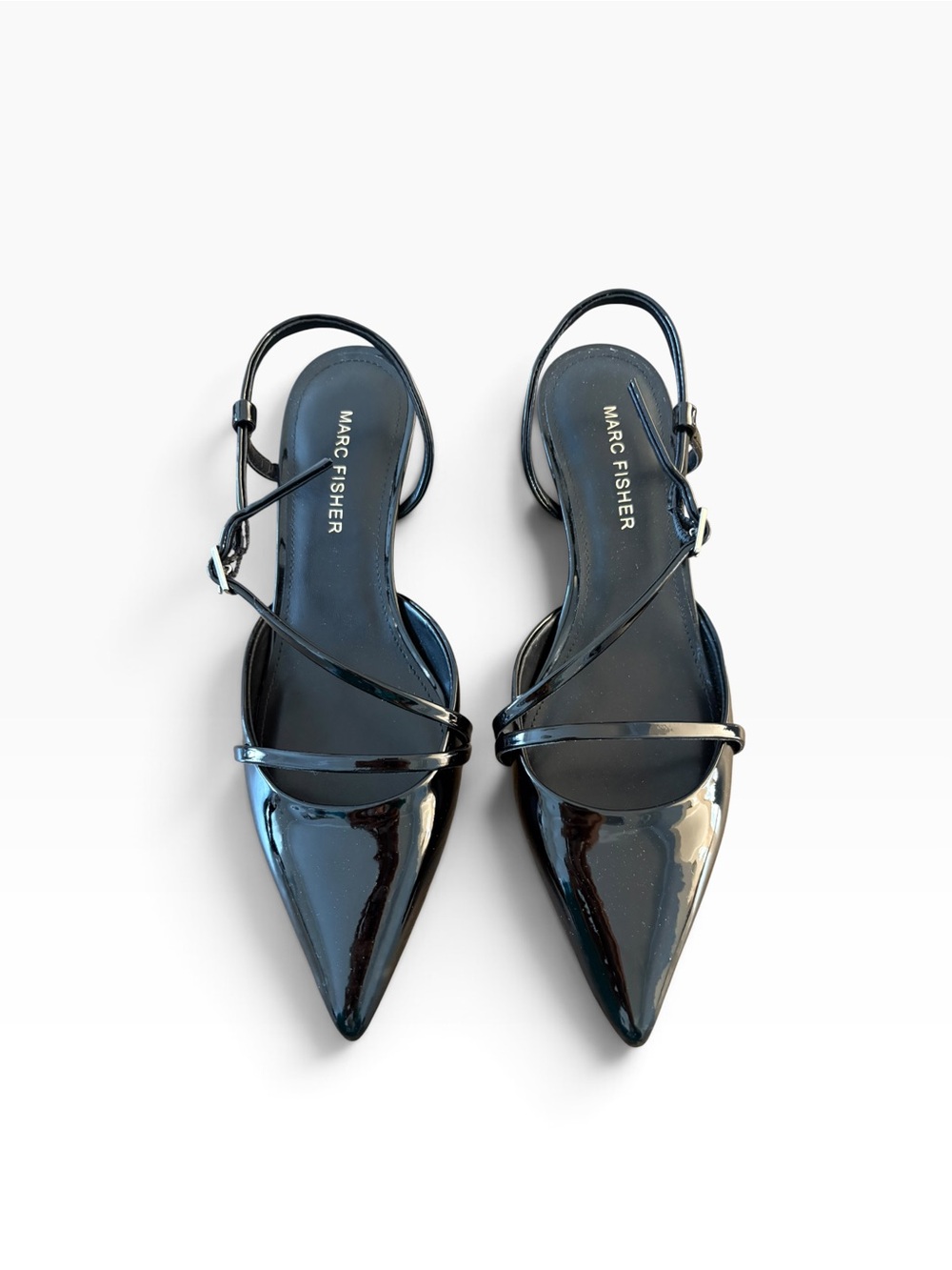 Marc Fisher Lillie Black Patent Pointed Slingback Kitten Heels